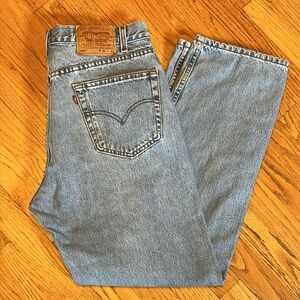 VTG Levi's 505 Mar/1999 y2k Black Batwing Light Washed Blue Jeans W/36 L/30